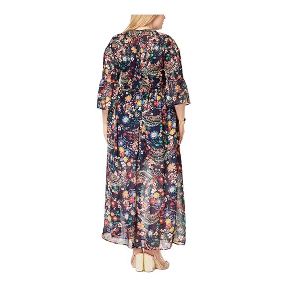 ECI New York Women's Floral Maxi Dress XL – Boho Bell Sleeves, Smocked Top - Picture 3 of 8